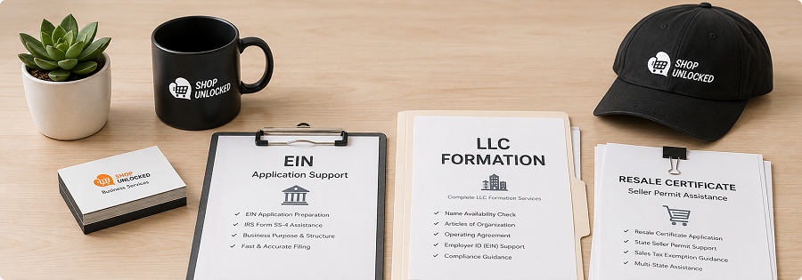 ShopUnlocked business services including EIN LLC resale certificates and promotional materials